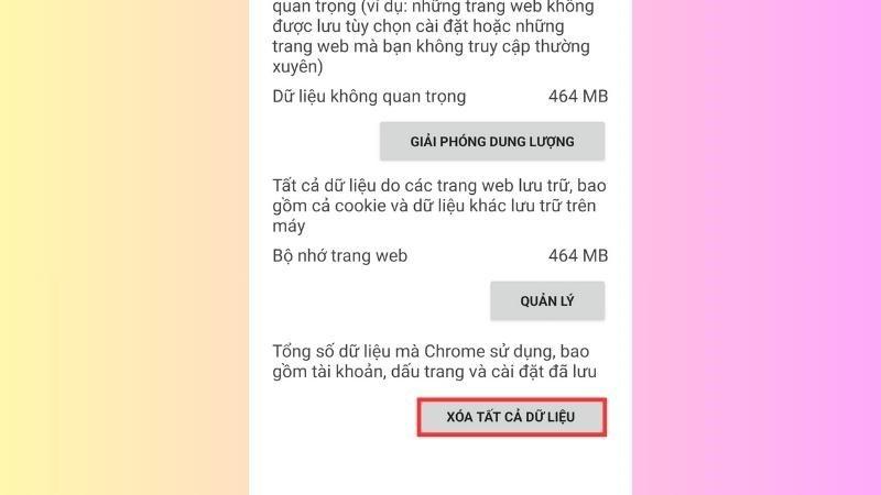 Chọn XÓA TẤT CẢ DỮ LIỆU của Chrome