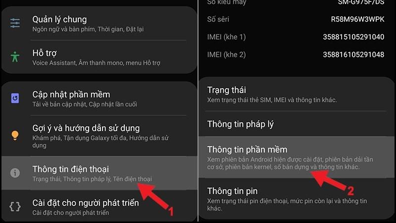 Nhấn vào Th&ocirc;ng tin điện thoại > Th&ocirc;ng tin phần mềm