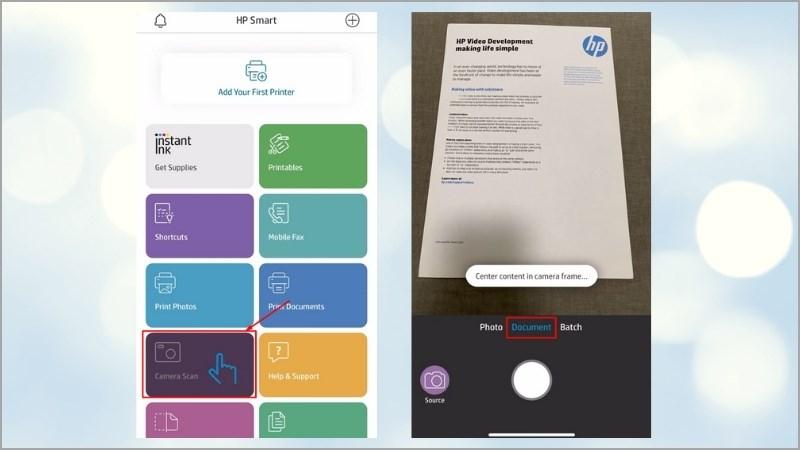 Truy cập ứng dụng HP Smart v&agrave; chọn Camera Scan 