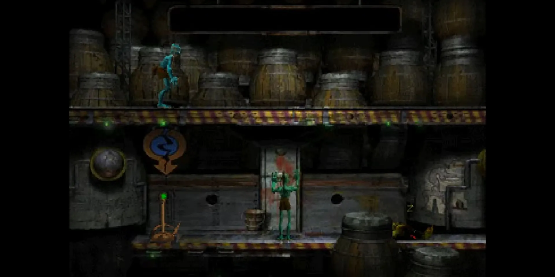 Abe giữa nhà máy RuptureFarms đầy máy móc trong Oddworld: Abe's Oddysee, sử dụng ảnh nền dựng sẵn để khắc họa thế giới độc đáo