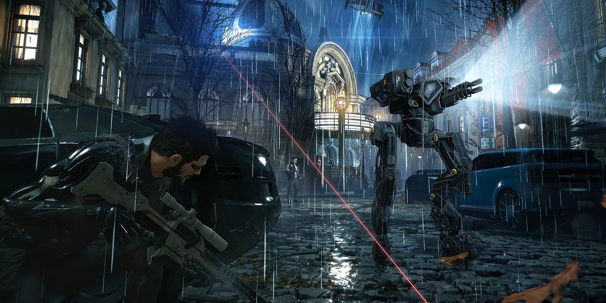 Adam Jensen trong Deus Ex Mankind Divided đang ẩn nấp khỏi robot địch