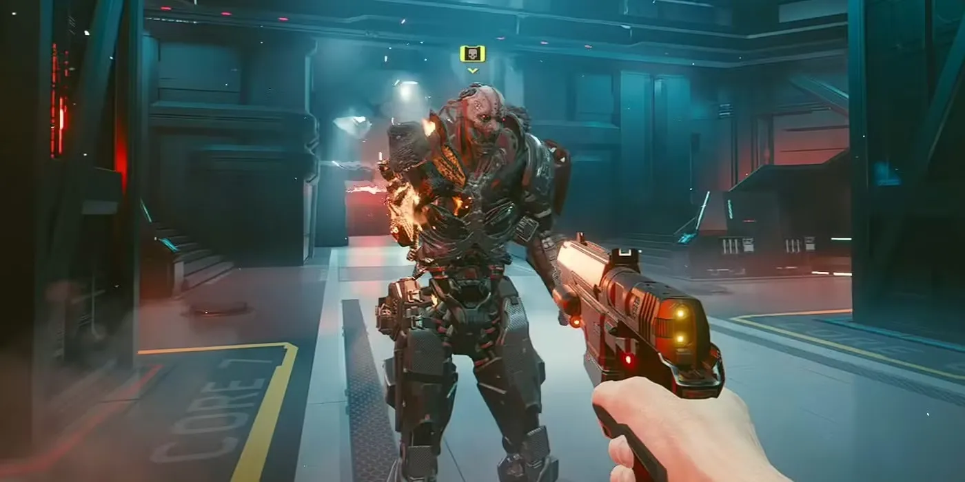 Adam Smasher, một cyborg khổng lồ đáng sợ, trong một cảnh hành động của Cyberpunk 2077.
