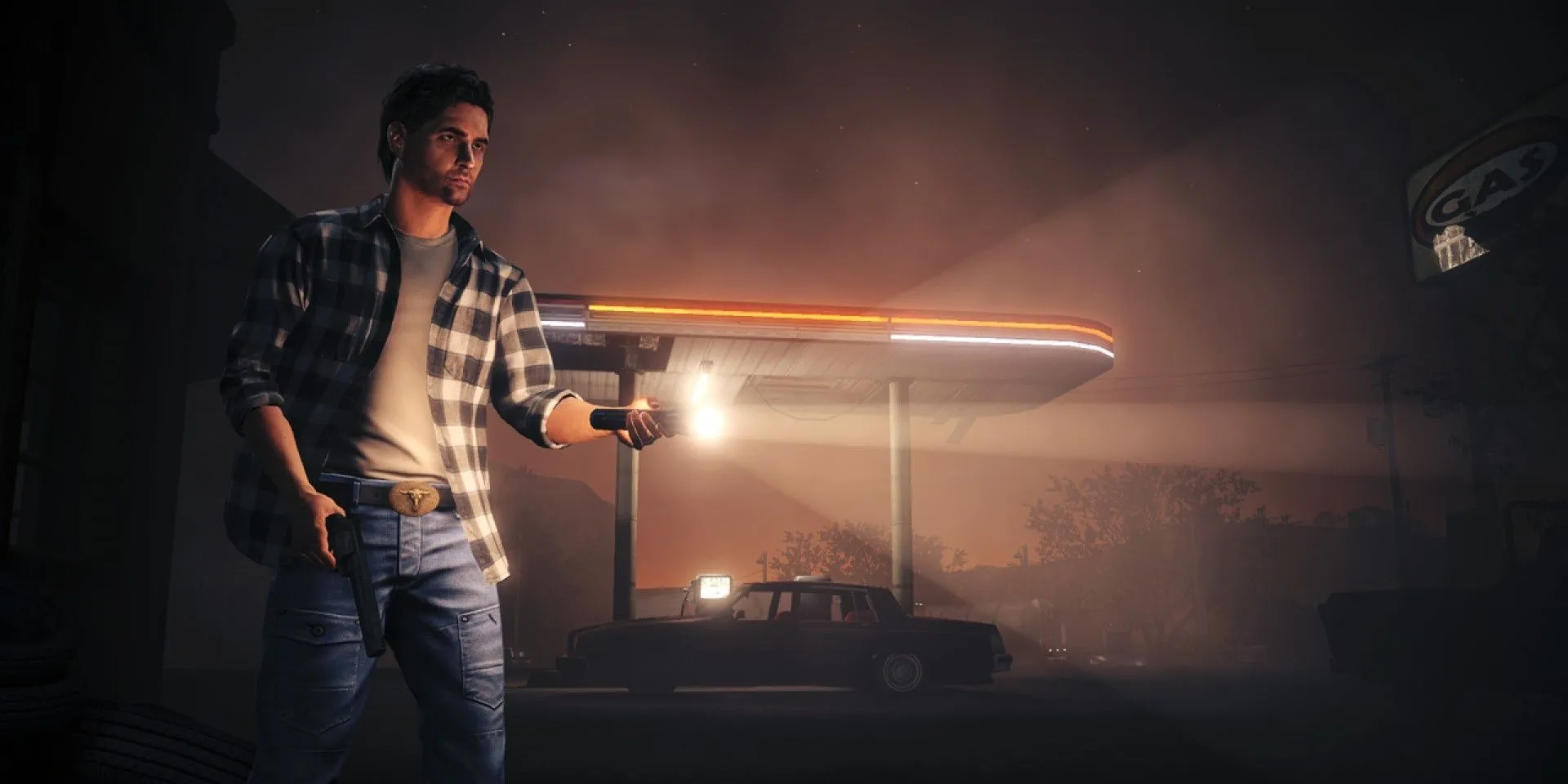Alan Wake cầm đèn pin chiếu vào bóng tối trong một khu rừng rậm rạp, cơ chế chiến đấu đặc trưng của game