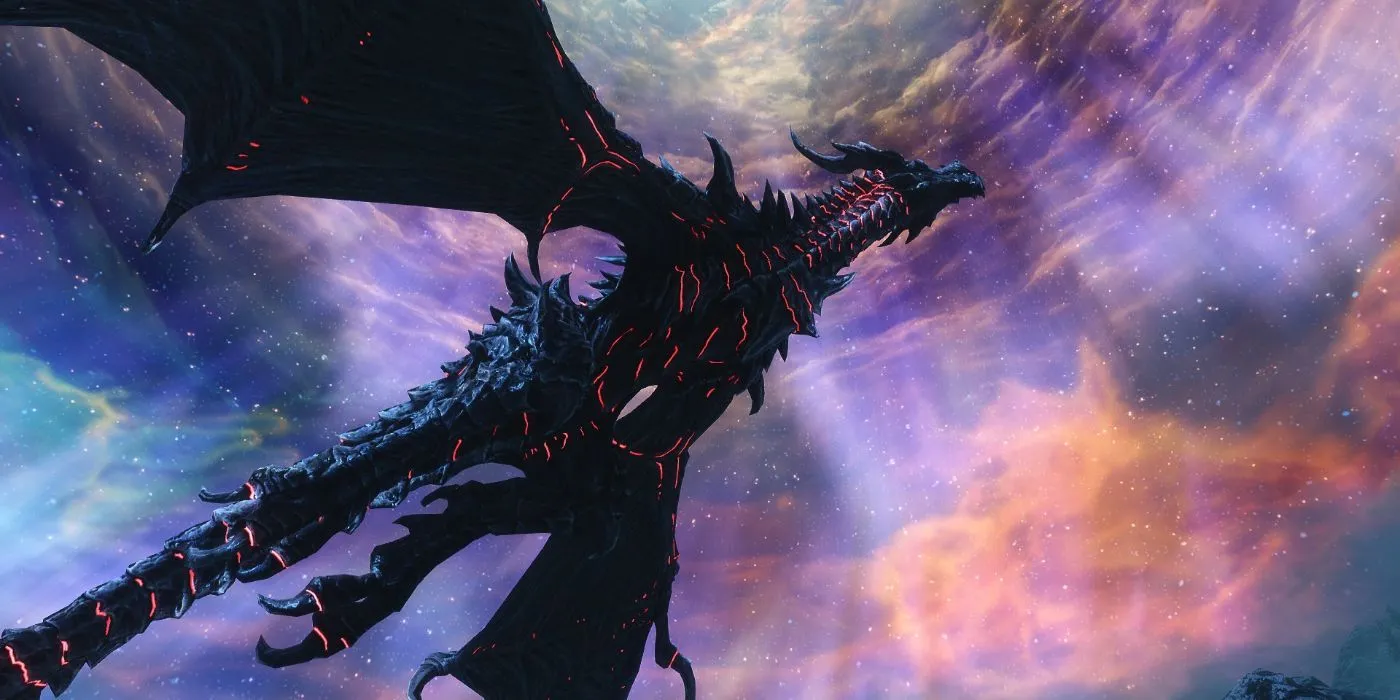 Alduin, con rồng đen khổng lồ World-Eater, đậu trên một đỉnh núi tuyết trong The Elder Scrolls V: Skyrim.