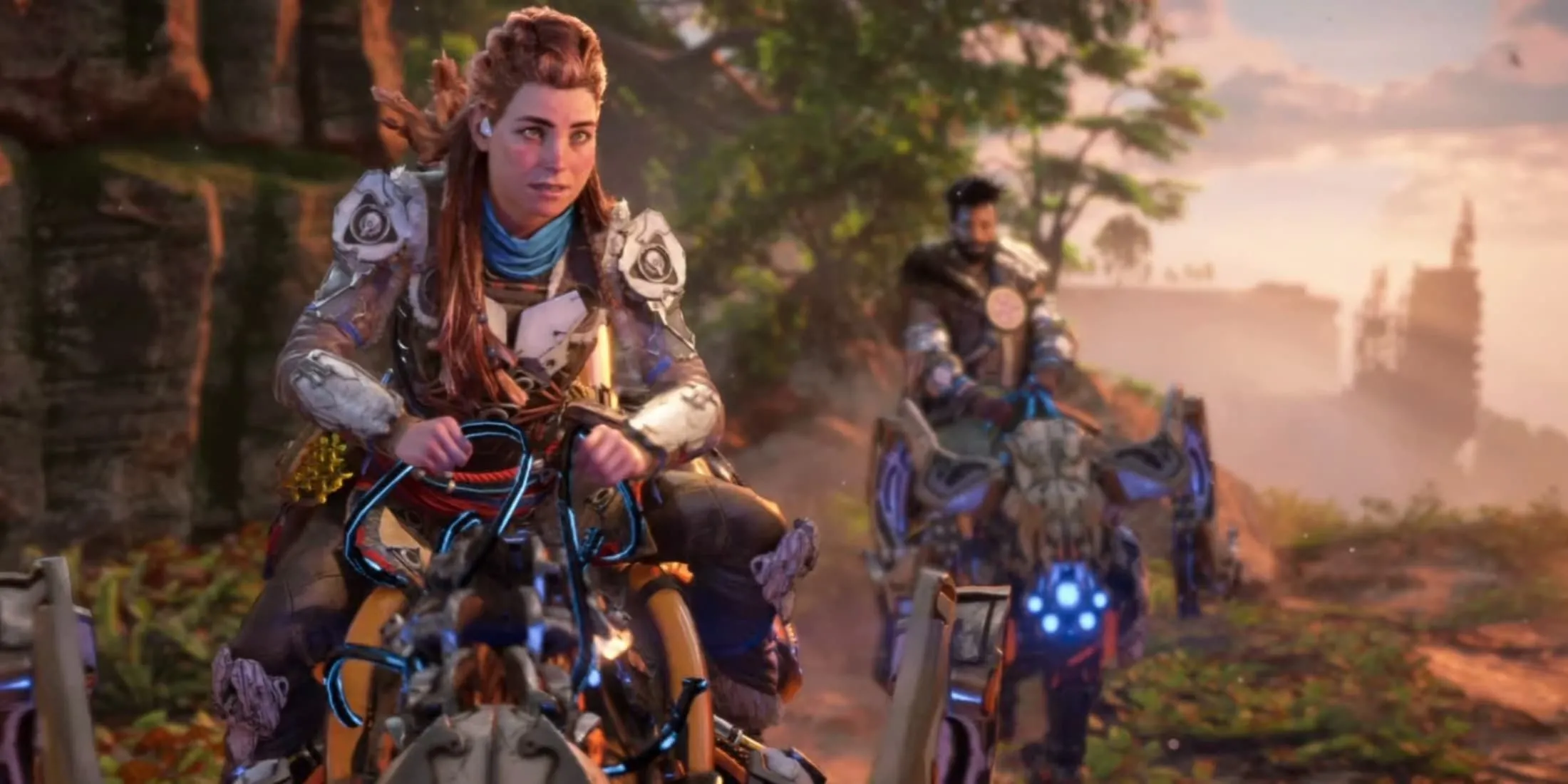 Aloy cưỡi thú máy băng qua vùng đất tuyệt đẹp trong Horizon Forbidden West