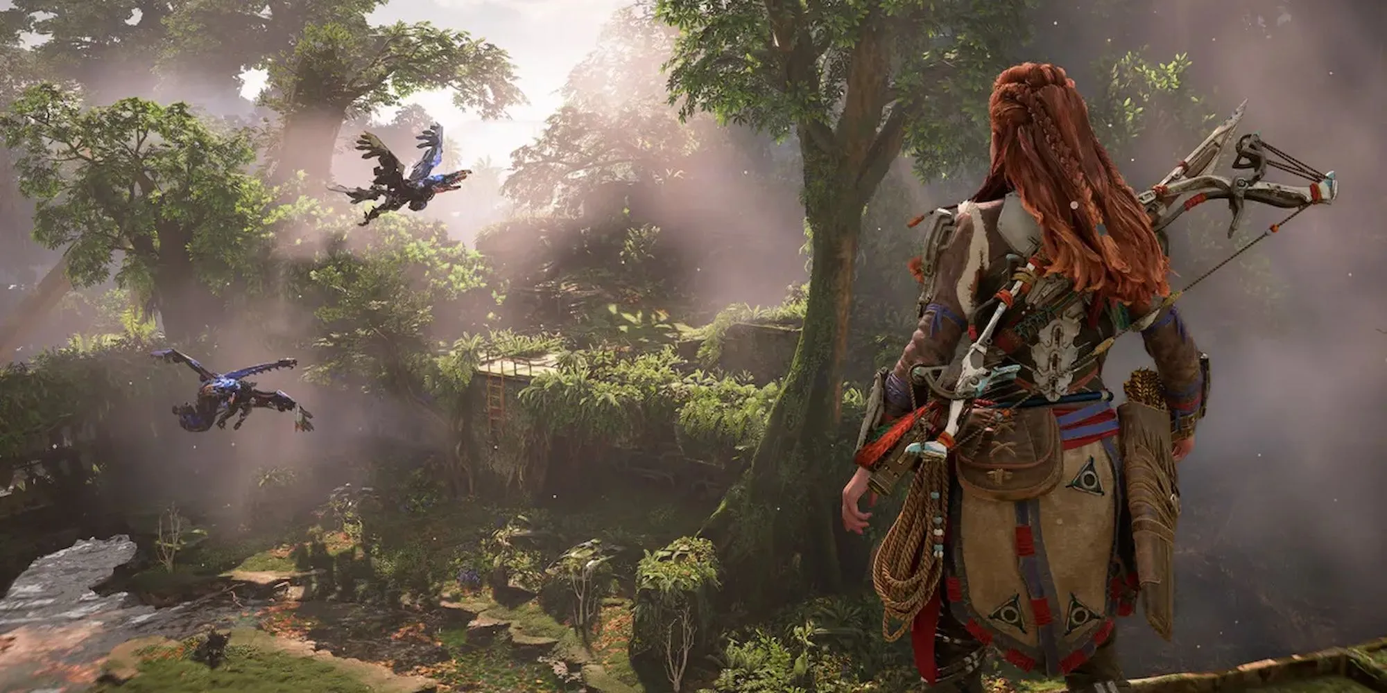 Aloy nhìn xuống từ vách đá trong Horizon Forbidden West
