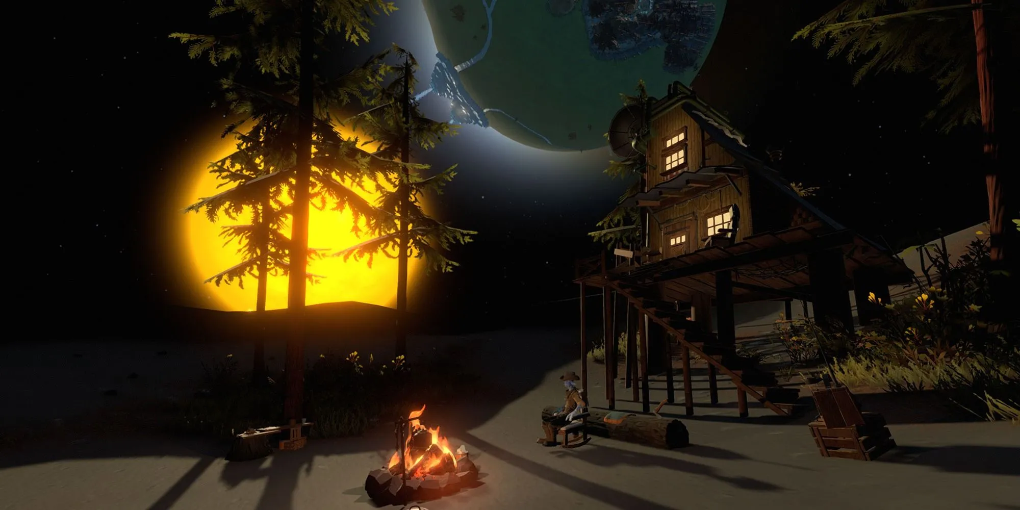 Ảnh bìa game Outer Wilds với phi hành gia nhìn về các hành tinh