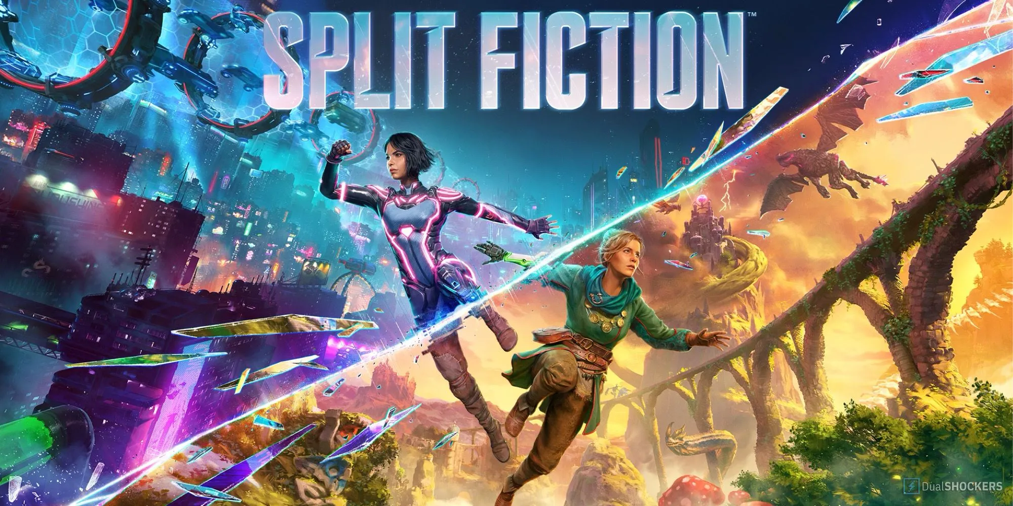 Ảnh bìa game Split Fiction với hai nhân vật chính Mio và Zoe