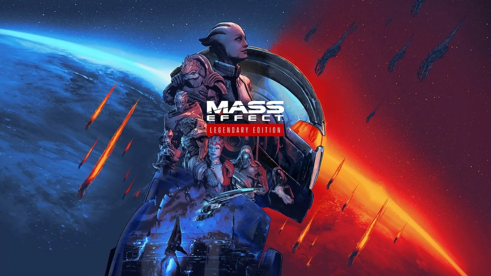 Ảnh bìa Mass Effect Trilogy với các nhân vật chính và tàu Normandy