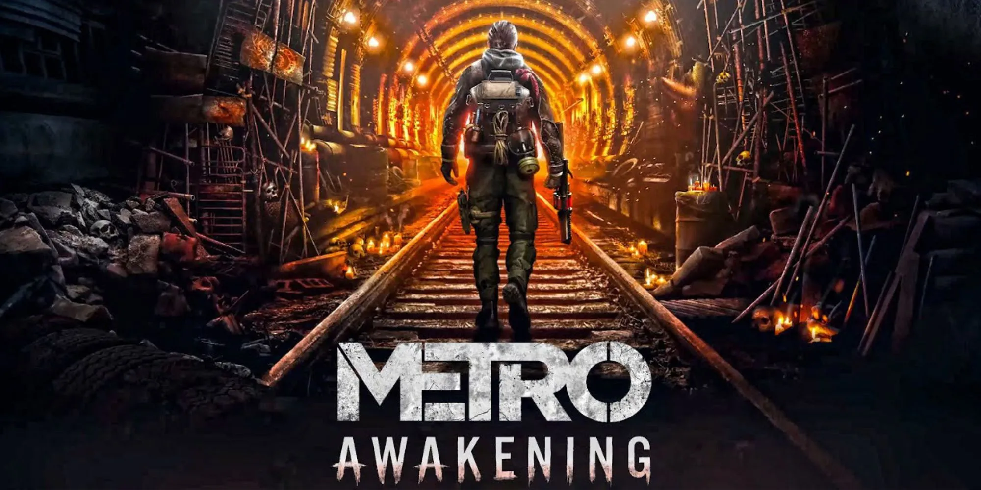 Ảnh bìa Metro Awakening VR với nhân vật đeo mặt nạ phòng độc trong đường hầm tối