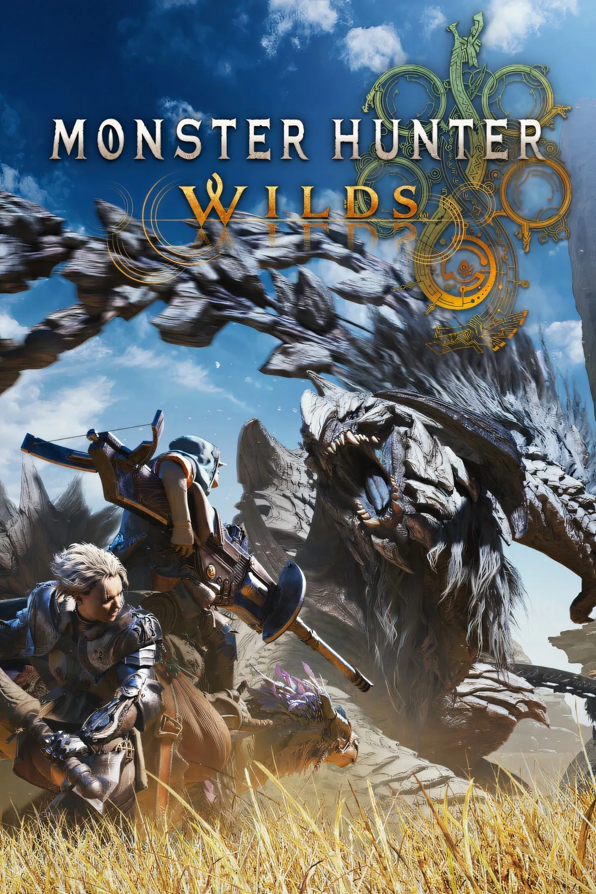 Ảnh bìa Monster Hunter Wilds thể hiện thợ săn và quái vật biểu tượng Rathalos