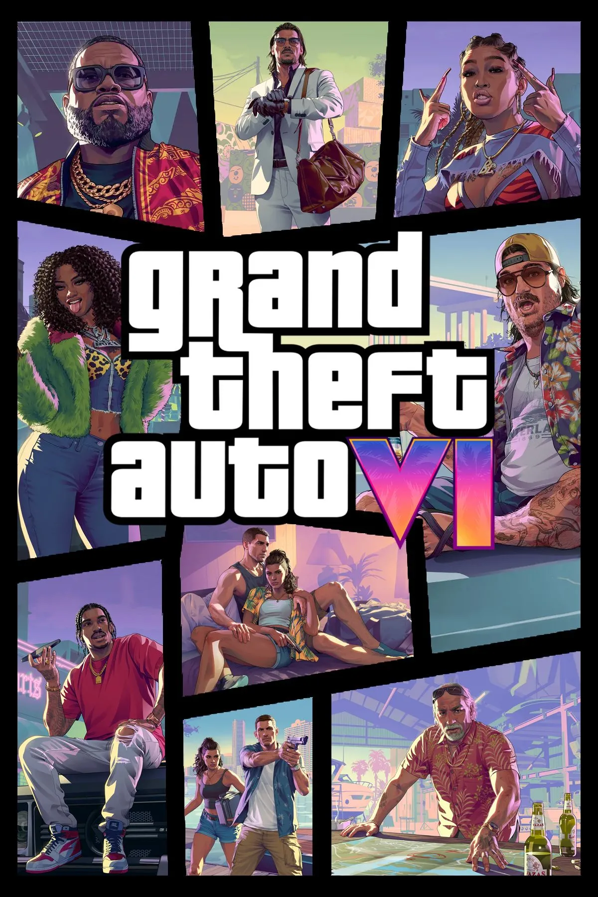 Ảnh bìa nghệ thuật của tựa game Grand Theft Auto 6 với phong cách đặc trưng