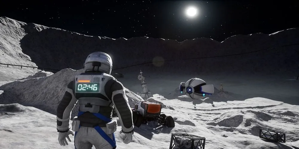 Ảnh chụp cảnh phi hành gia trong Deliver Us The Moon nhìn ra không gian với Mặt Trăng và Trái Đất phía xa.