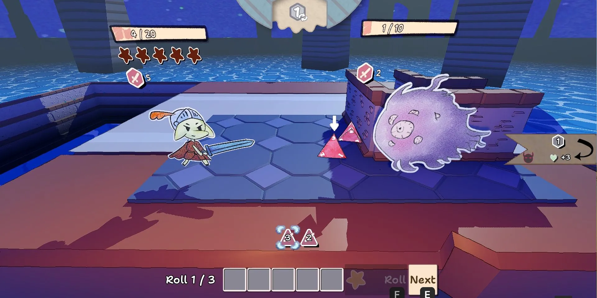 Ảnh chụp màn hình Dice n Goblins Demo, người chơi đang chiến đấu với một bóng ma lớn.