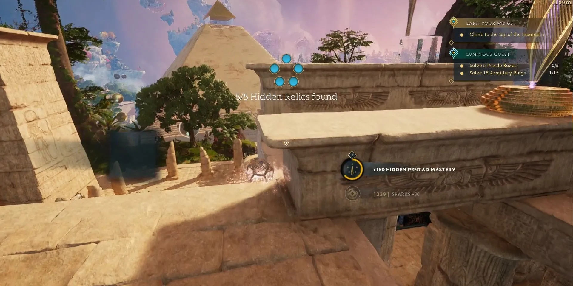 Ảnh chụp màn hình game Islands of Insight, người chơi đang khám phá một Di Tích Ẩn Giấu trong thế giới game đầy màu sắc