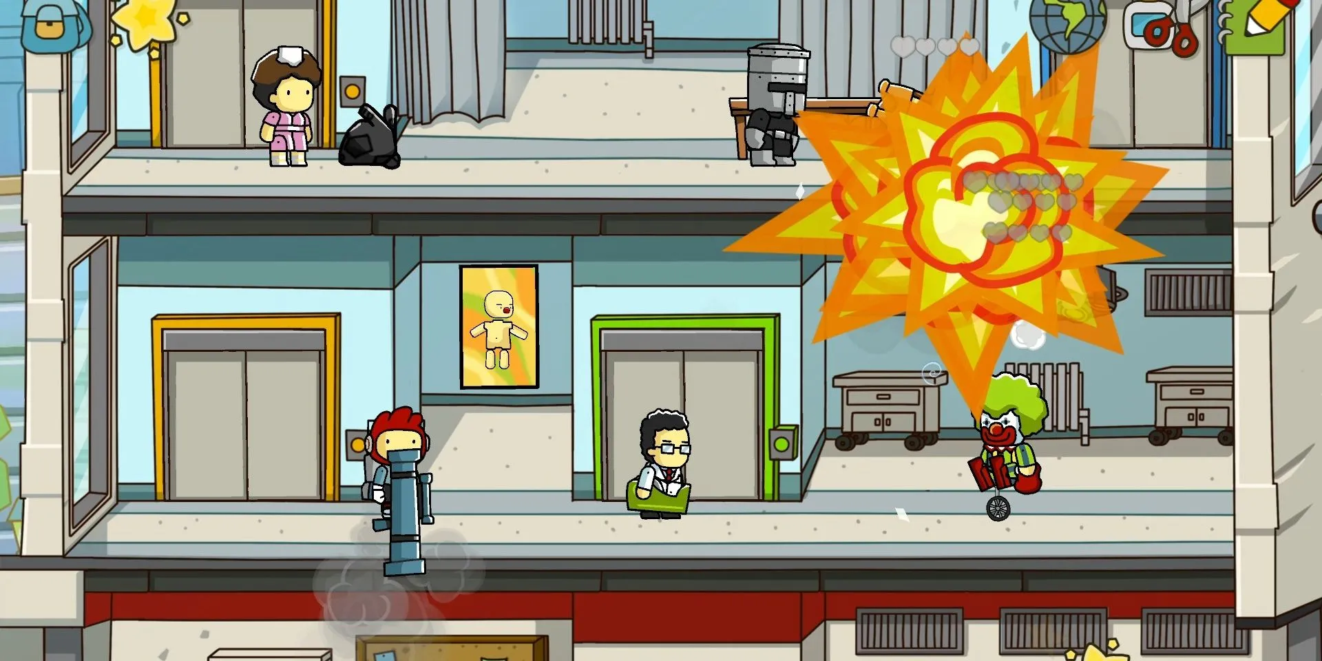 Ảnh chụp màn hình game Scribblenauts Unlimited với nhân vật Maxwell sử dụng súng phóng tên lửa vào một chú hề, thể hiện cơ chế giải đố sáng tạo