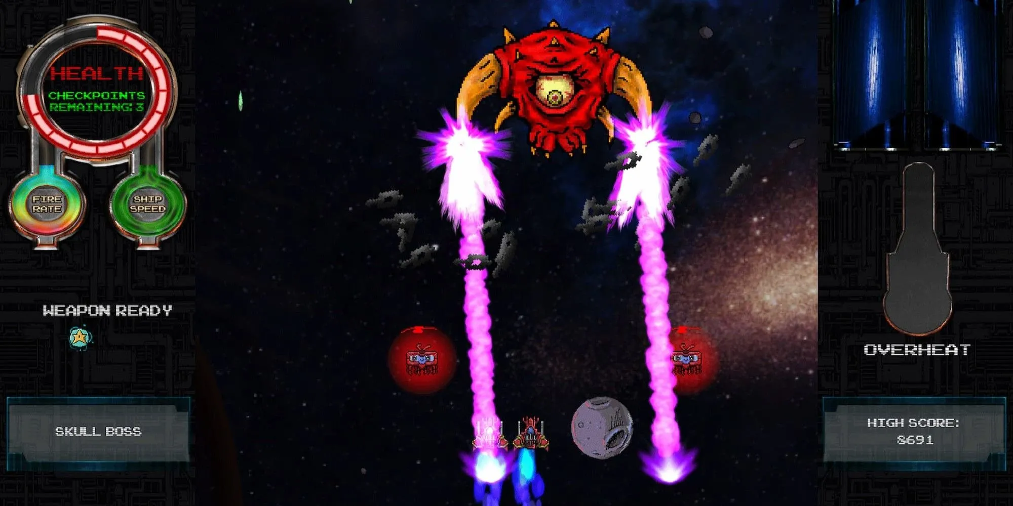 Ảnh chụp màn hình gameplay Galagan's Island Reprymian Rising với phi thuyền người chơi và đội hình địch đầy màu sắc.