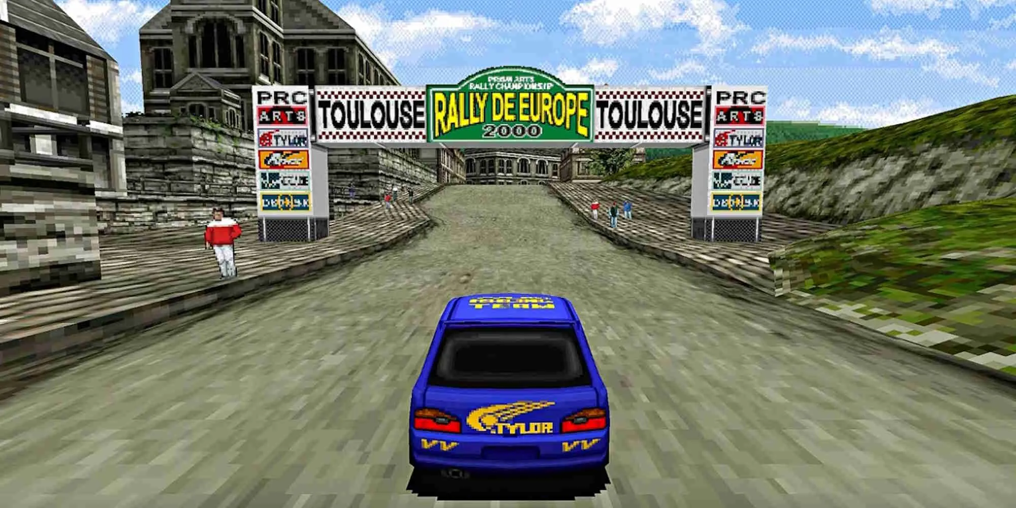 Ảnh chụp màn hình gameplay Rally De Europe trên PS1 với xe đang drift trên đường đua đất