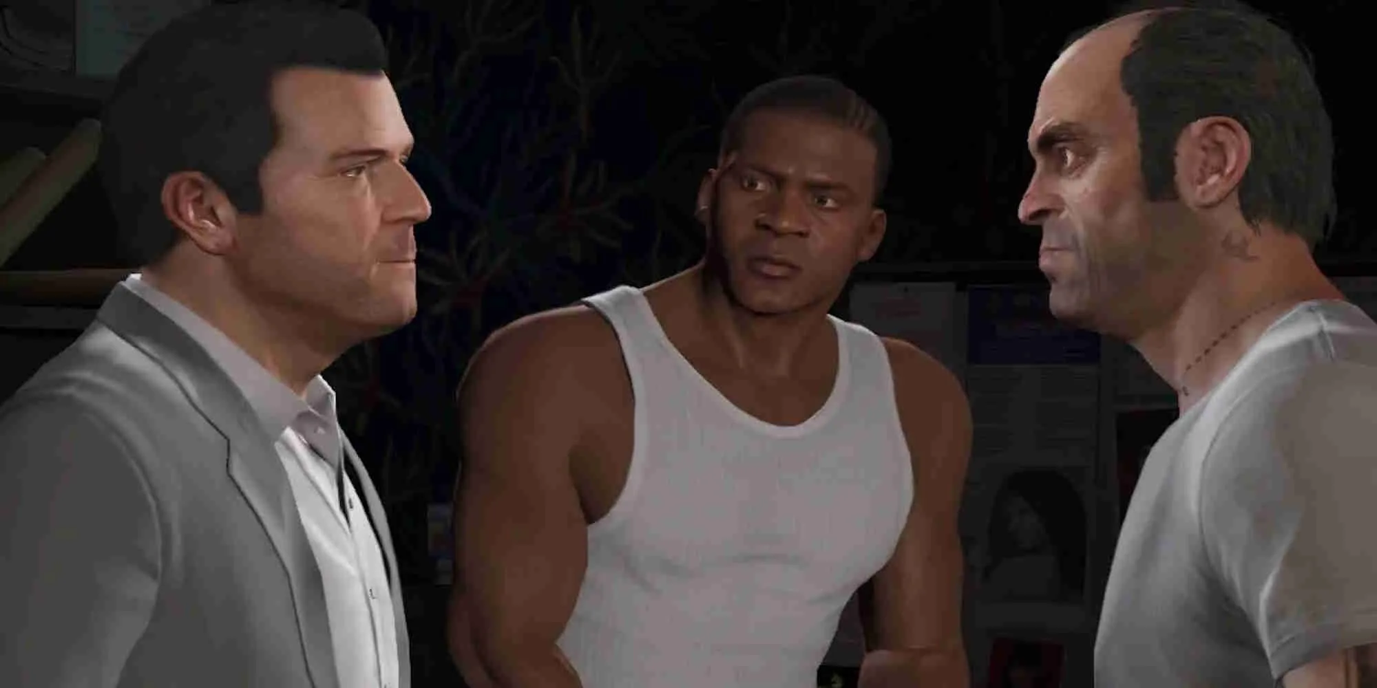 Ảnh chụp màn hình Grand Theft Auto V với cảnh thành phố về đêm và nhân vật trên xe