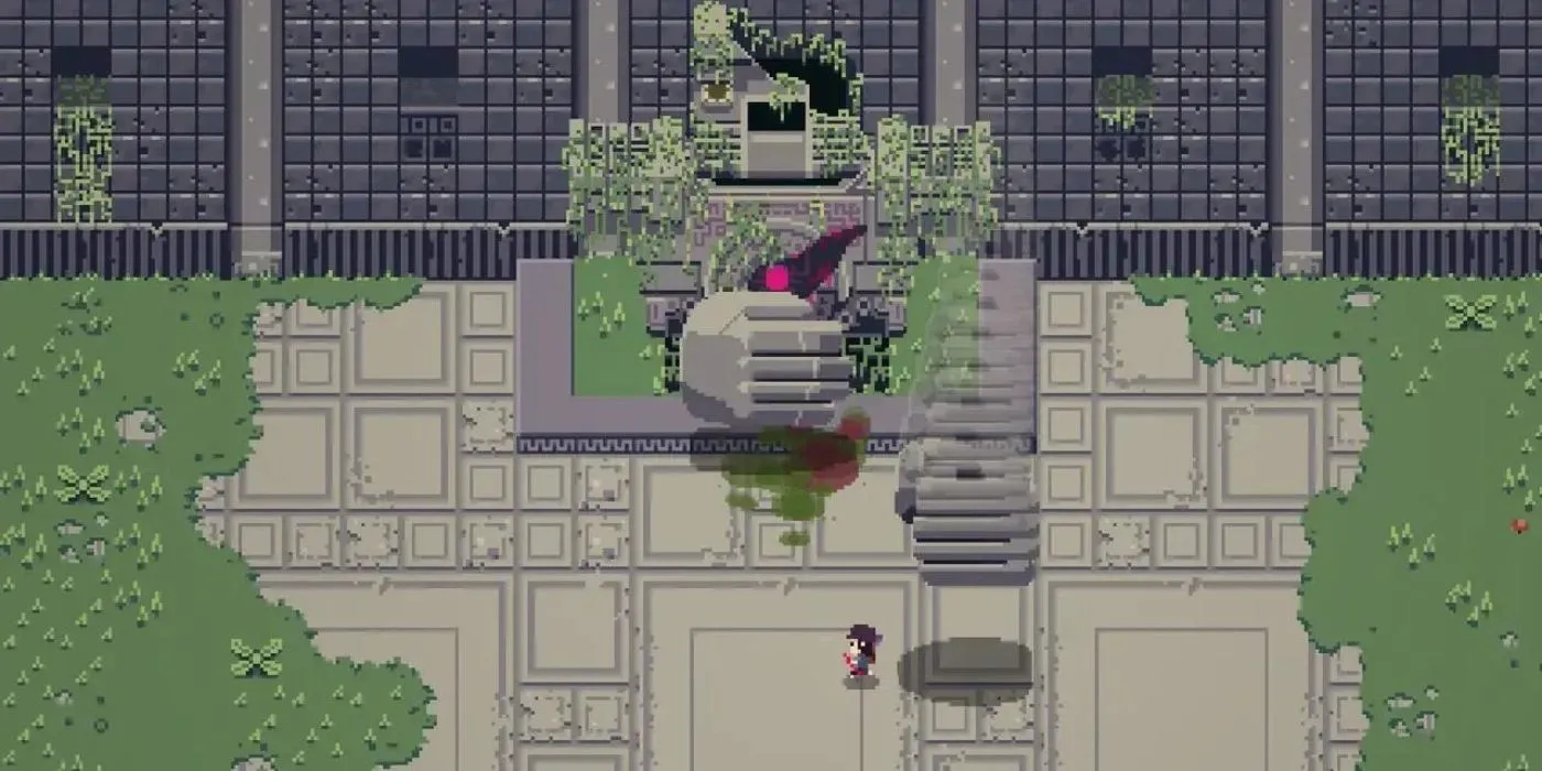 Ảnh chụp màn hình một trận đấu trùm trong game Titan Souls với phong cách đồ họa pixel art đặc trưng