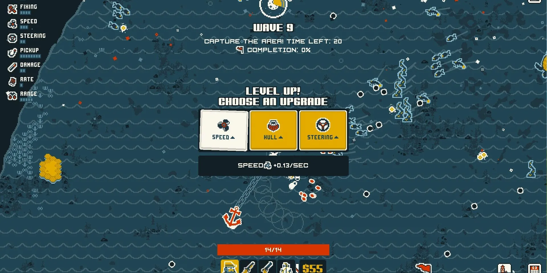 Ảnh chụp màn hình Nautical Survival Demo, người chơi đang nâng cấp các chỉ số.
