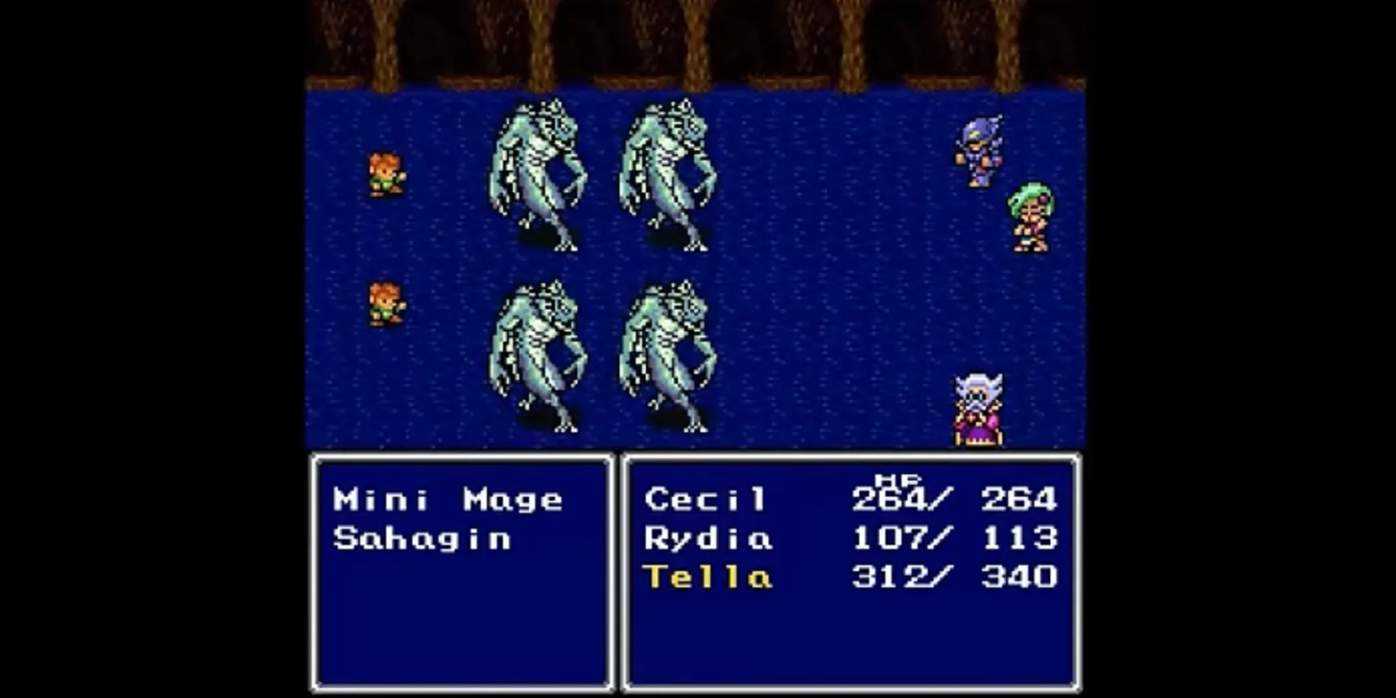 Ảnh chụp màn hình trận đấu trong Final Fantasy IV, minh họa hệ thống chiến đấu thời kỳ đầu.