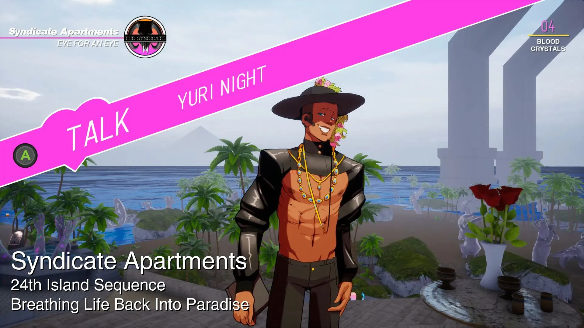 Ảnh chụp màn hình từ game Paradise Killer, hiển thị một nhân vật đứng trên ban công nhìn ra khung cảnh thành phố đảo theo phong cách vaporwave đầy màu sắc neon và kiến trúc độc đáo.