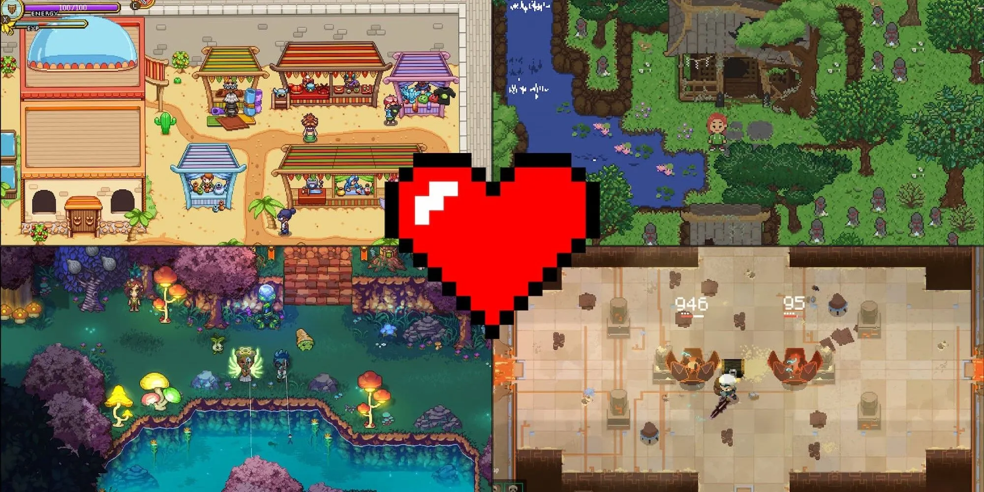 Ảnh ghép các tựa game RPG pixel art nổi bật như Secrets of Grindia, Spirittea, Sun Haven, Moonlighter
