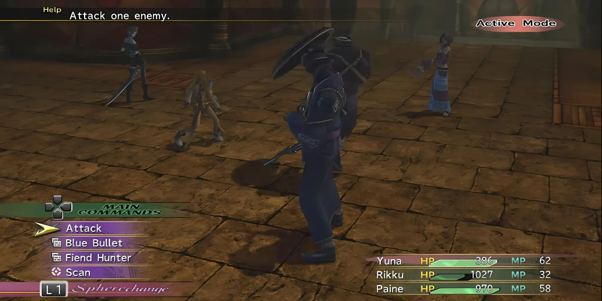 Ảnh minh họa trận chiến sôi động với hệ thống ATB trong Final Fantasy X-2, thể hiện cơ chế Dressphere.
