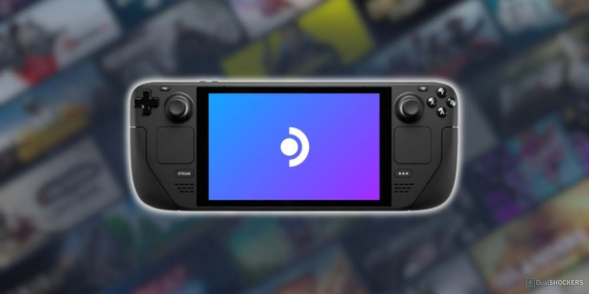 Ảnh nền mờ mô tả cửa hàng Steam và thiết bị chơi game Steam Deck