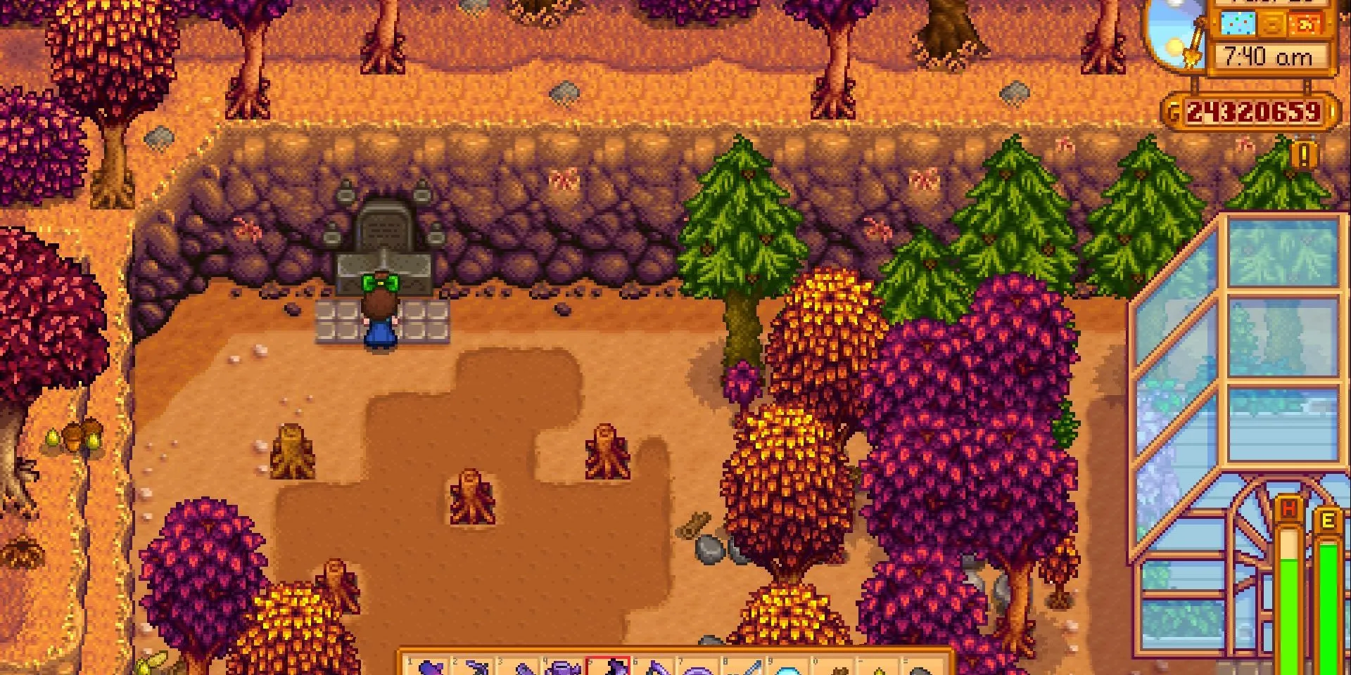 Ảnh người chơi Stardew Valley đứng gần đền thờ ông nội