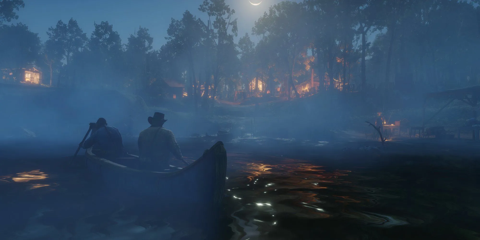 Arthur Morgan chèo thuyền cùng một nhân vật dưới ánh trăng trong Red Dead Redemption 2