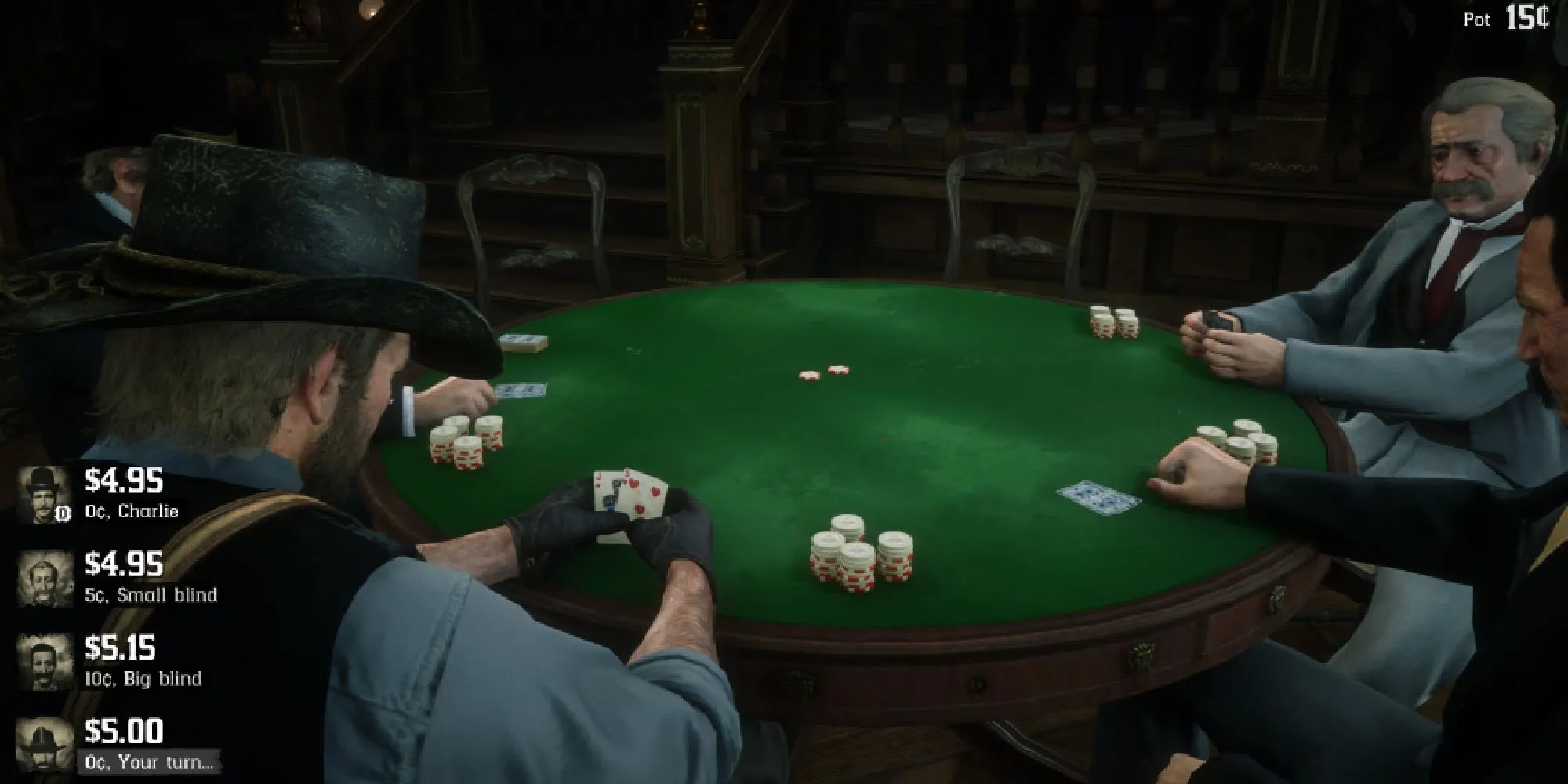 Arthur Morgan chơi poker cùng ba người đàn ông khác trong một quán rượu ở Saint Denis trong Red Dead Redemption 2