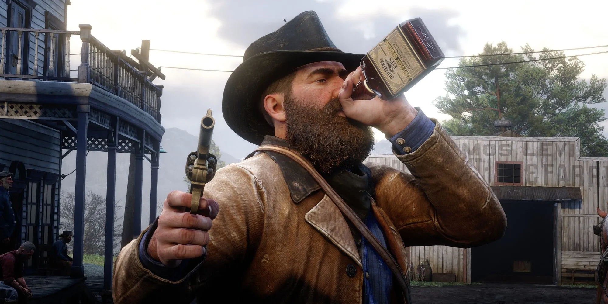 Arthur Morgan uống rượu và chĩa súng trong Red Dead Redemption 2