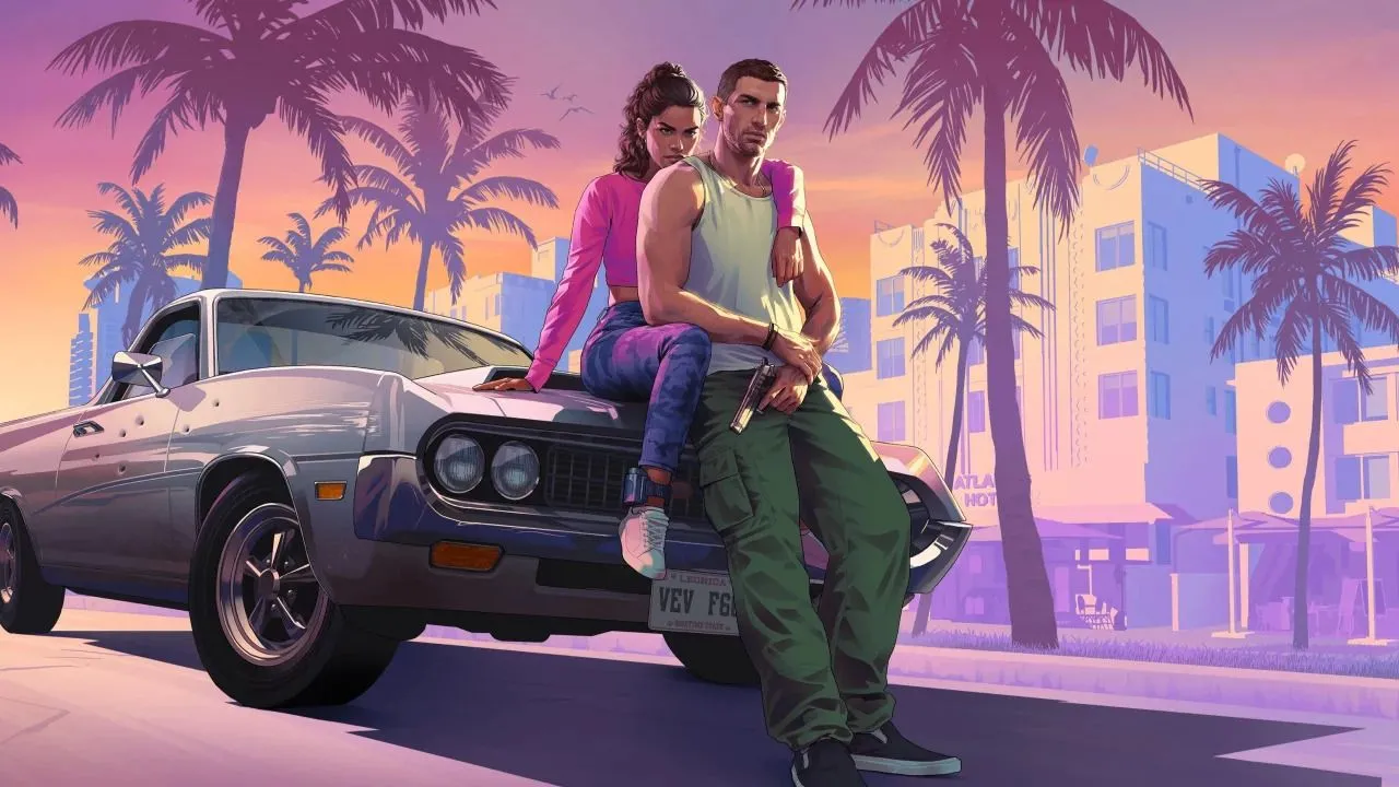Artwork chính thức của GTA 6 với hai nhân vật chính và bối cảnh thành phố Vice City