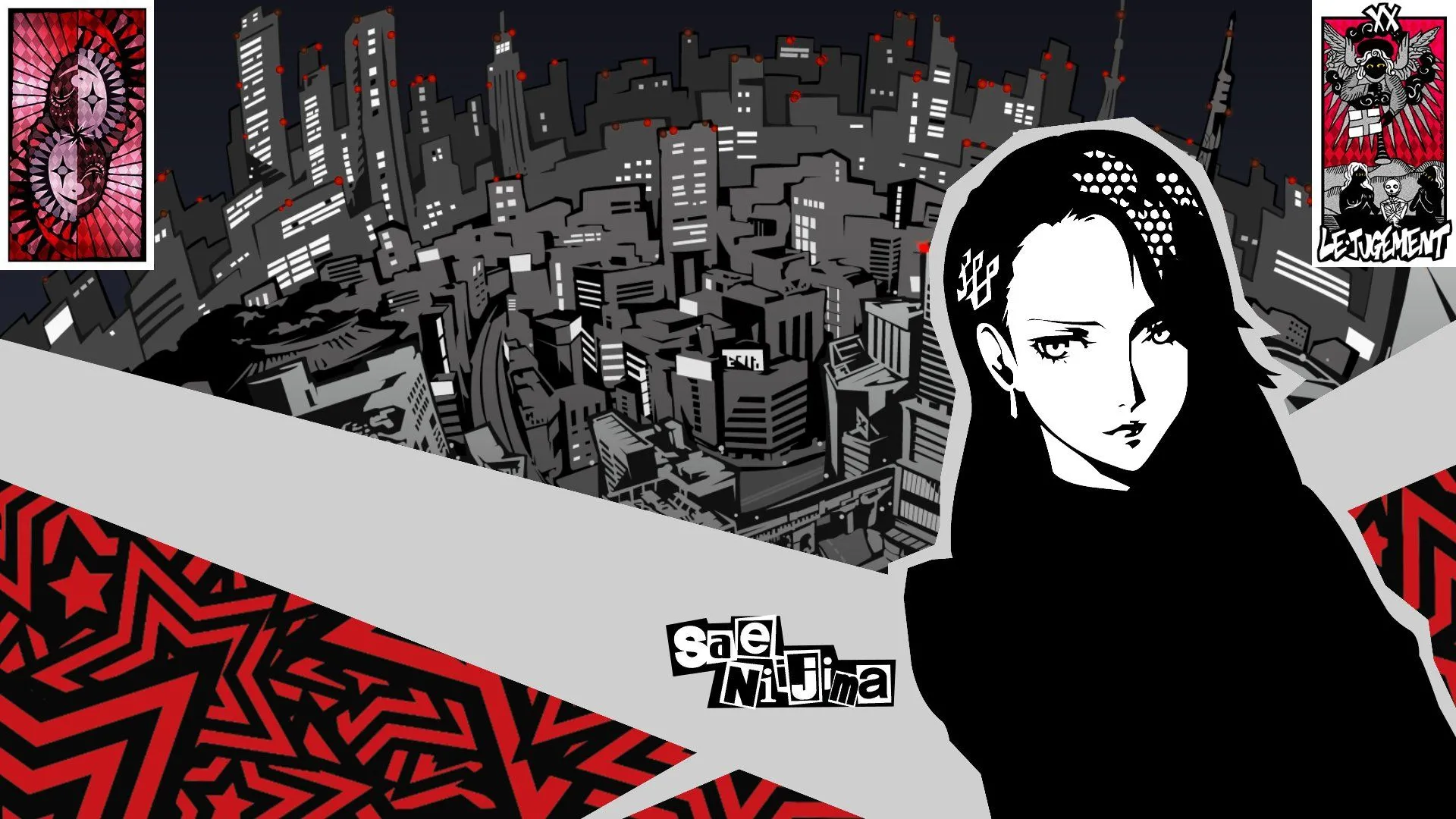 Artwork nhân vật Sae Niijima trong Persona 5 Royal với biểu tượng Judgement Arcana