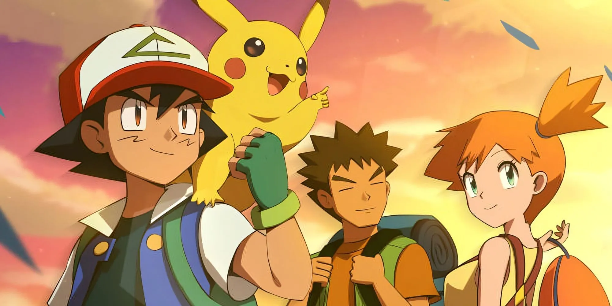 Ash, Brock, Pikachu và Misty trong khung cảnh hoàng hôn Pokemon