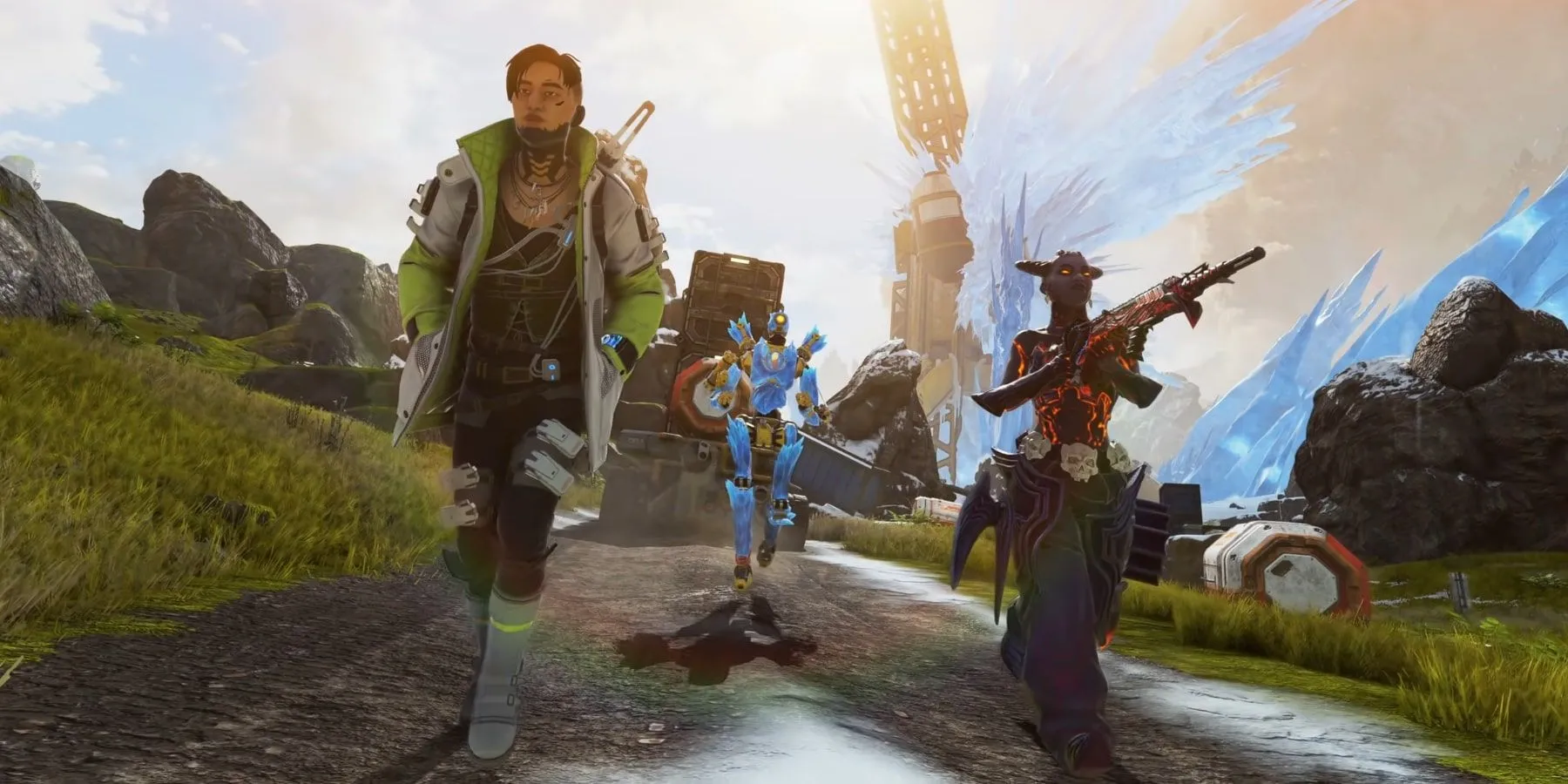 Ba nhân vật Crypto, Pathfinder và Lifeline trong tựa game battle royale Apex Legends đang chạy trên đường