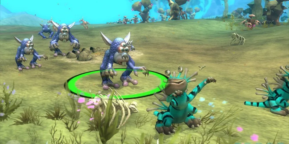 Ba sinh vật ngoài hành tinh màu xanh dương tiếp cận một sinh vật màu xanh lá trong game Spore