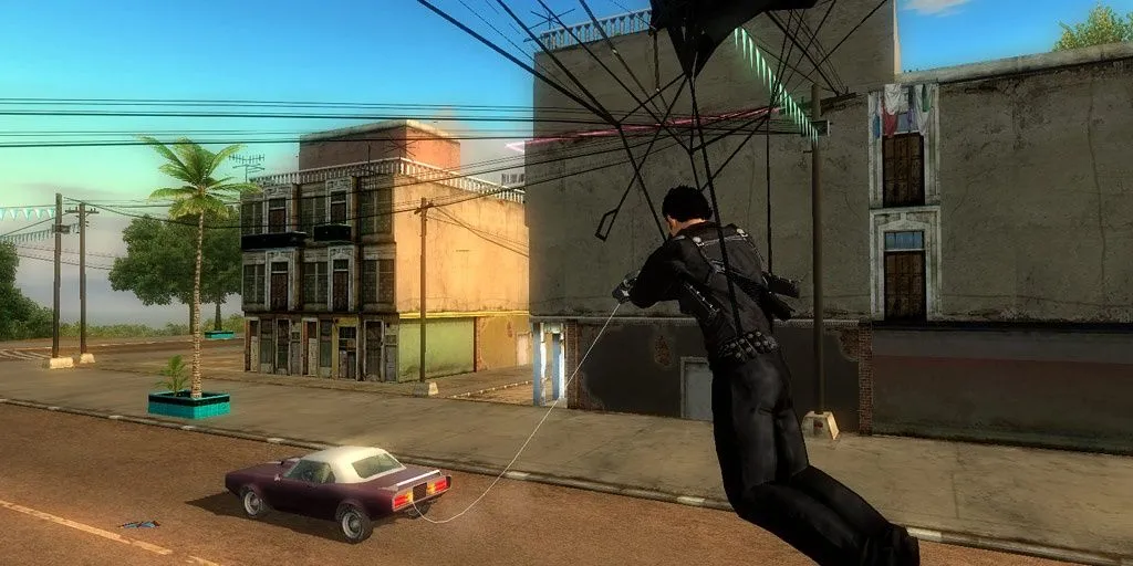 Bám vào xe bằng dù trong game Just Cause với cơ chế di chuyển độc đáo