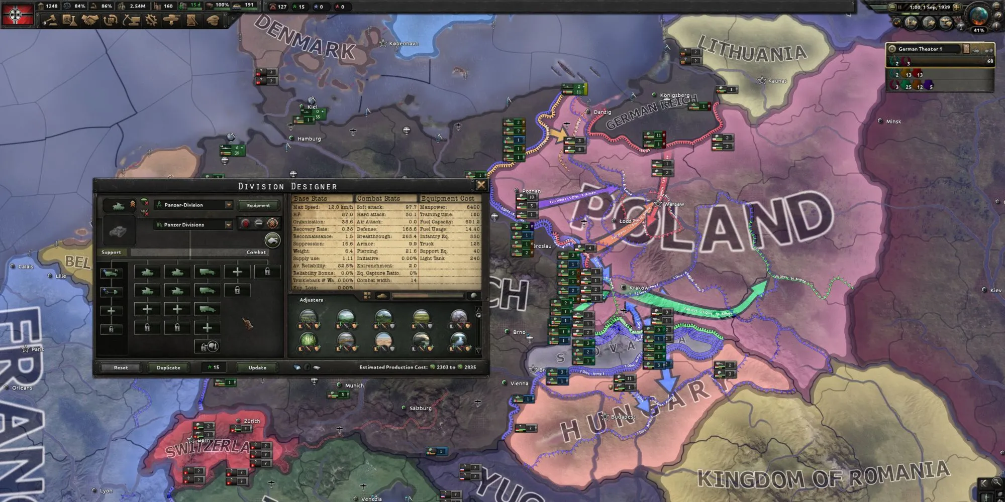 Bản đồ chiến thuật với các quốc gia đang tấn công trong Hearts of Iron IV