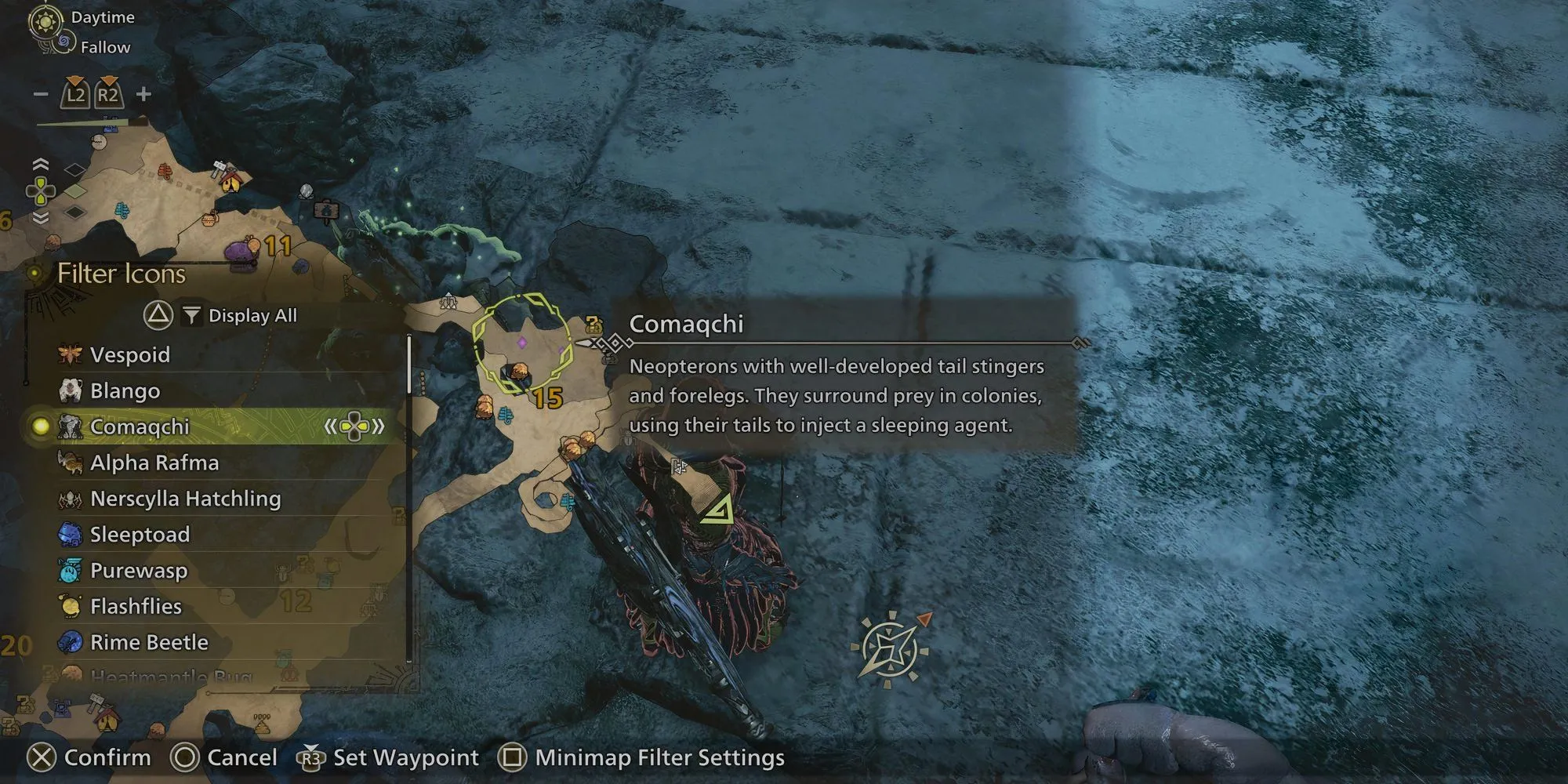 Bản đồ Iceshard Cliffs chỉ vị trí tìm Comaqchi Carapace trong Monster Hunter Wilds