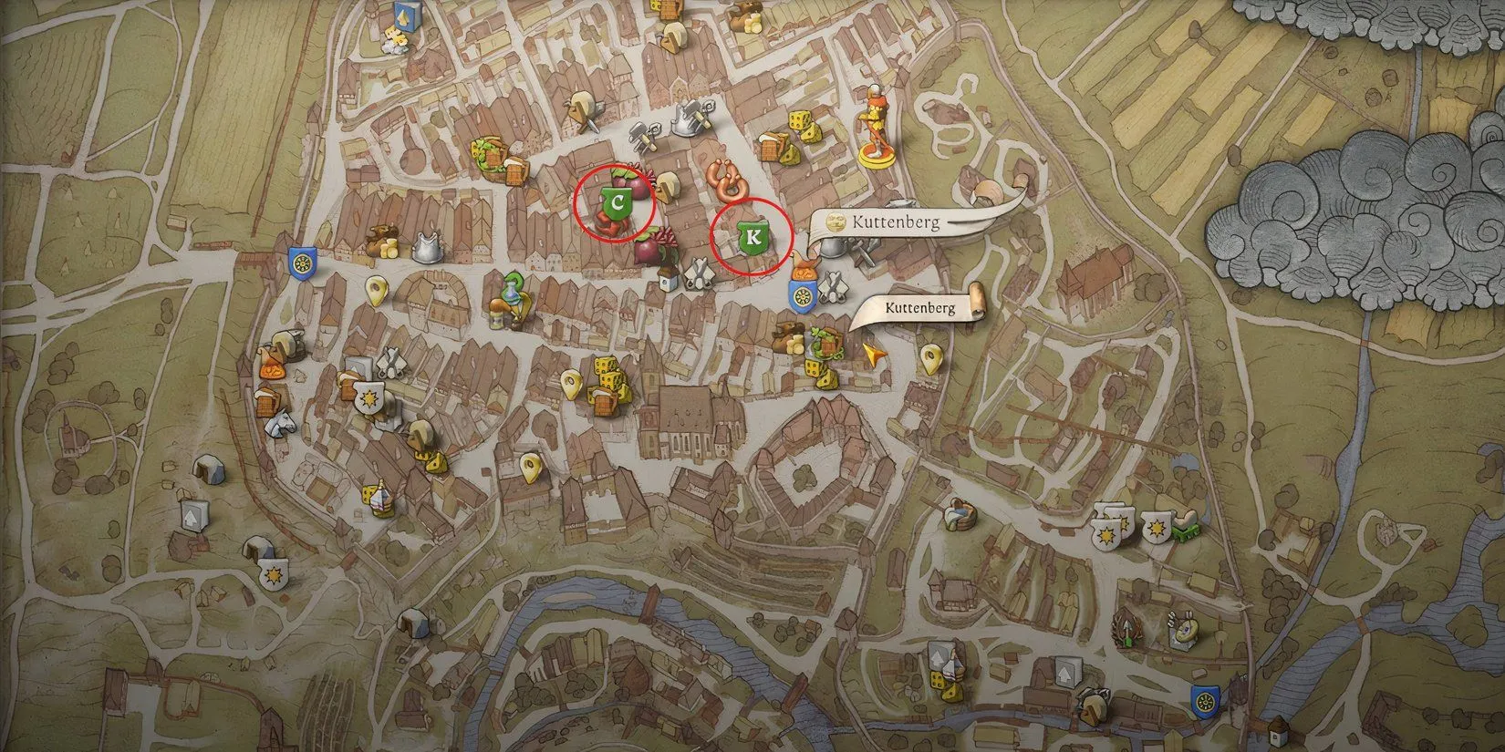 Bản đồ Kuttenberg hiển thị các địa điểm quan trọng trong nhiệm vụ Post Scriptum của Kingdom Come Deliverance 2