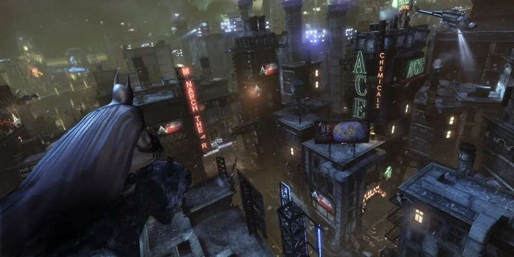 Batman quan sát thành phố Arkham từ trên cao