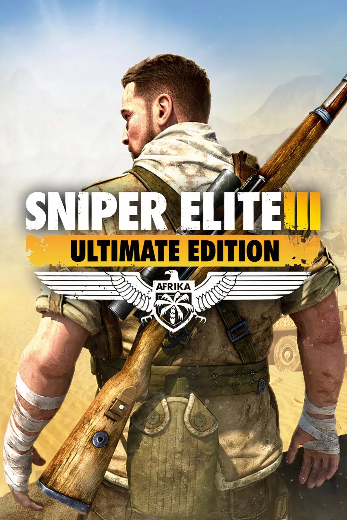 Bìa game Sniper Elite 3 thể hiện không khí chiến trường Bắc Phi và nhân vật chính