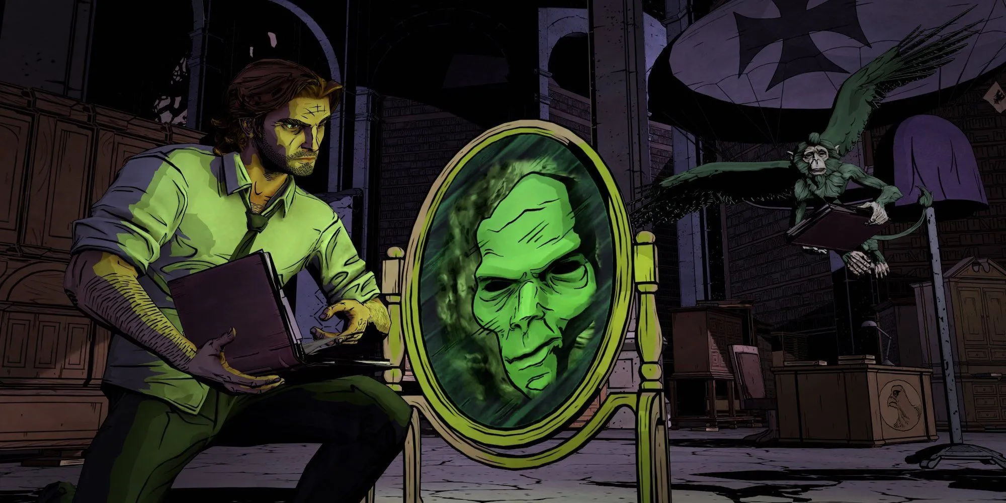Bigby Wolf ngồi trong văn phòng với chiếc gương ma thuật, thể hiện không khí u ám của The Wolf Among Us dựa trên truyện Fables