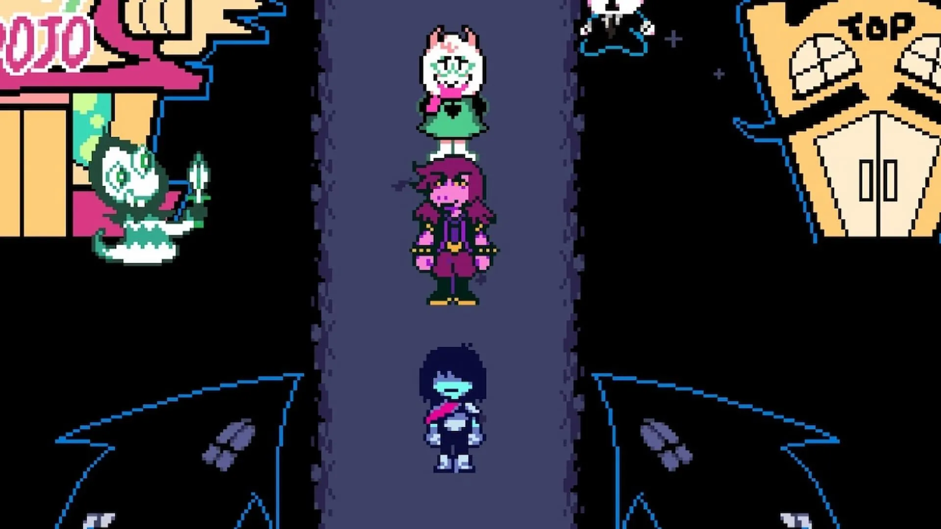 Bộ ba Kris Ralsei và Susie khám phá thị trấn trong Deltarune