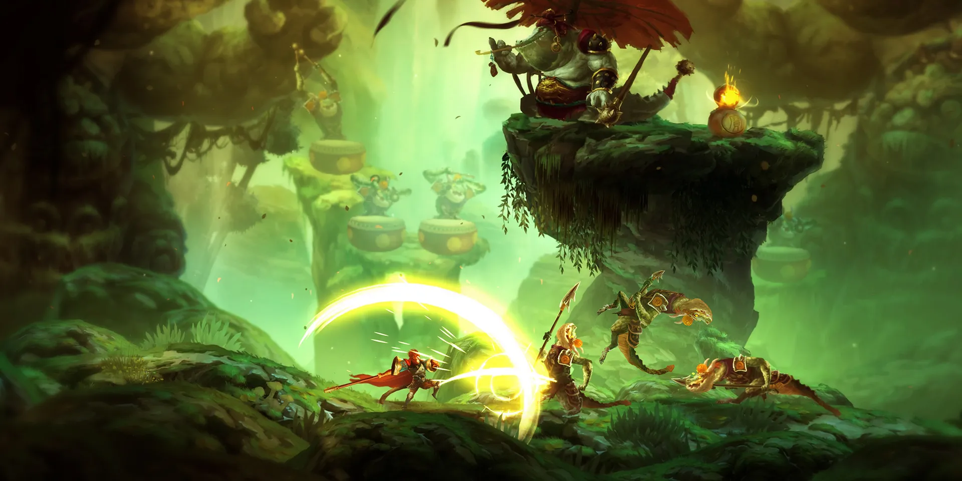 Bốn nhân vật chính của Unruly Heroes đứng cùng nhau trên một con đường núi hiểm trở, thể hiện đồ họa hoạt hình vẽ tay đặc sắc