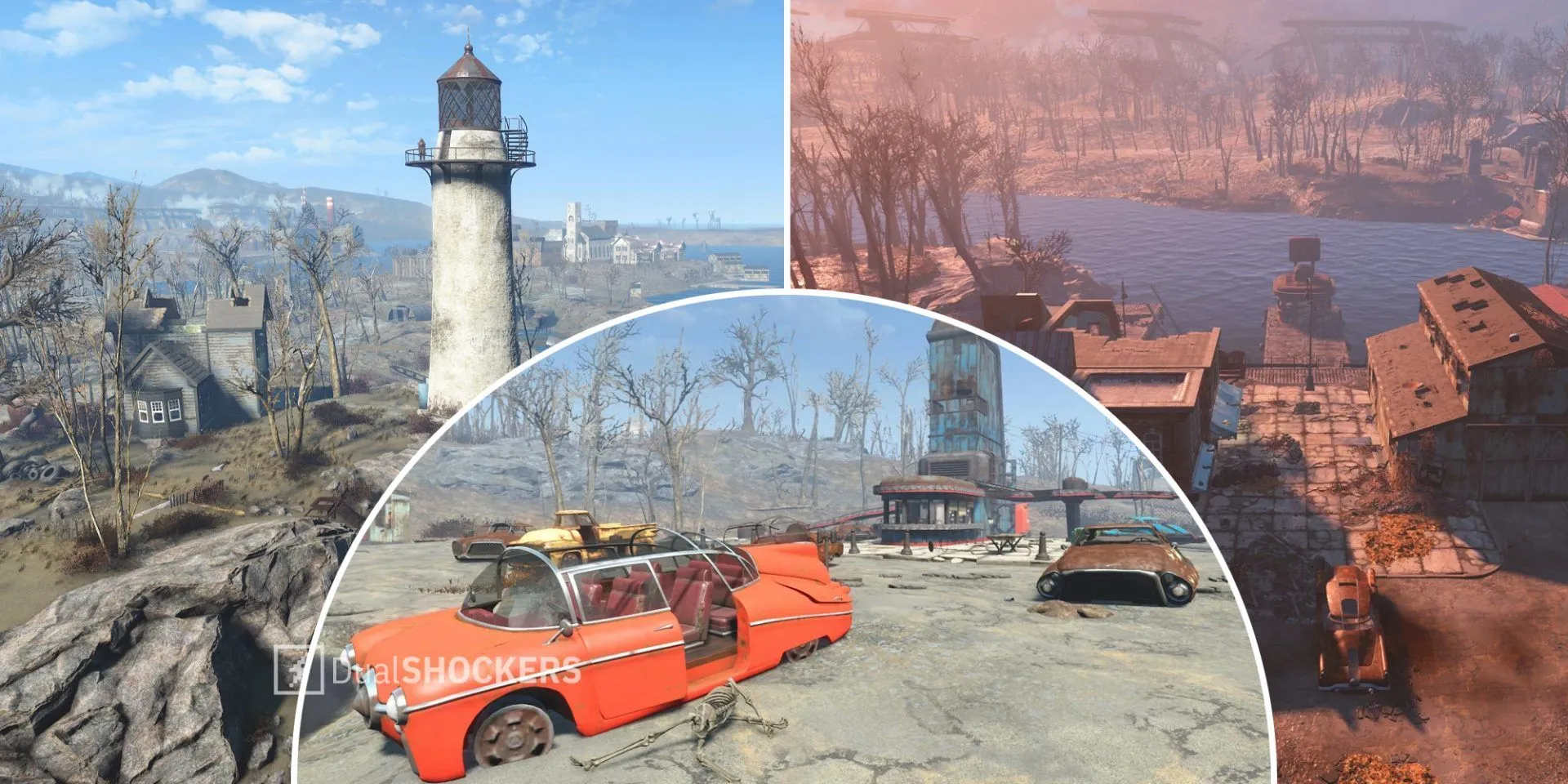 Các khu định cư nổi bật trong Fallout 4 như Ngọn hải đăng Kingsport, Rạp chiếu phim Starlight và Bến du thuyền Egret Tours