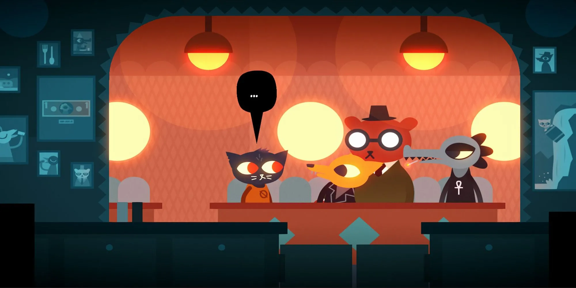 Các nhân vật chính của Night in the Woods gồm Mae, Gregg, Angus và Bea quây quần bên nhau, thể hiện phong cách nghệ thuật độc đáo và mối quan hệ thân thiết giữa họ